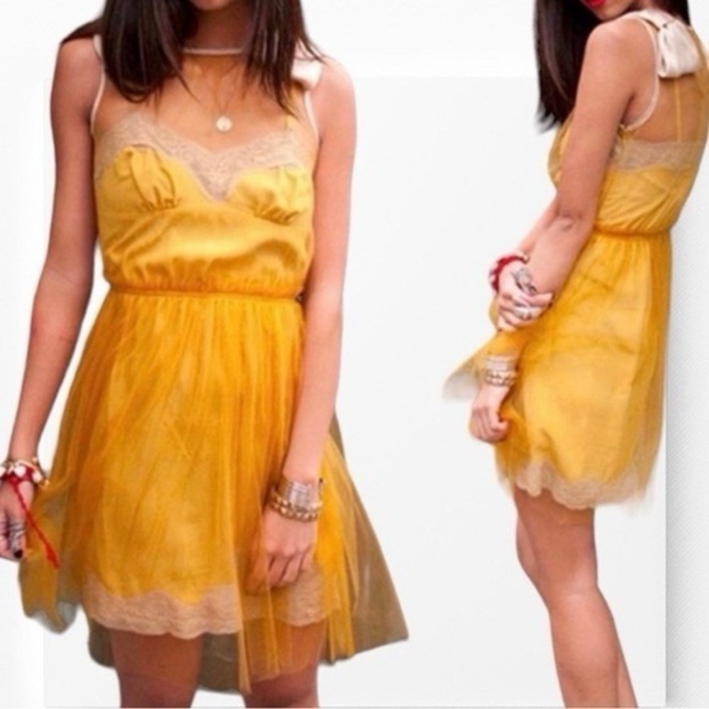 Rodarte X Target Slip Dress Tulle Layered Lace Trim Y2K Bow Fairy Mustard Yellow